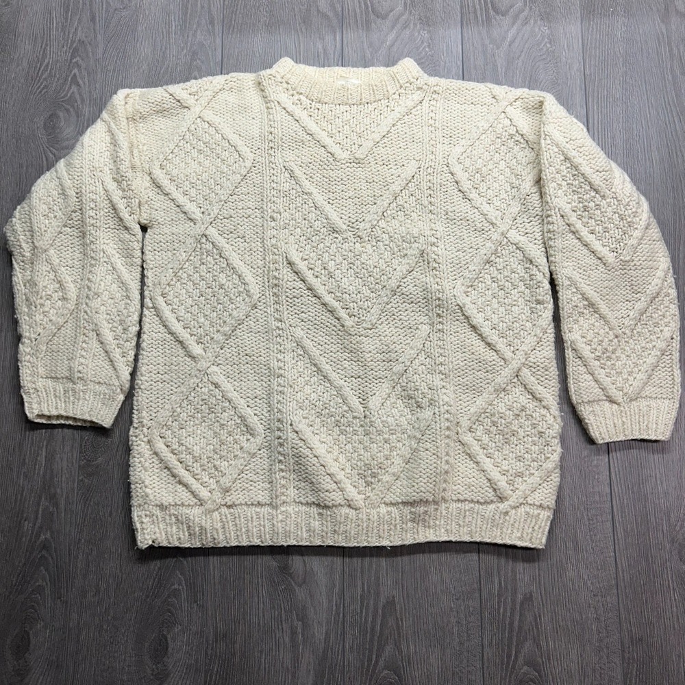 Vintage Spectrum Mens XL Wool Cable Knit Sweater Cream Fisherman Heavyweight